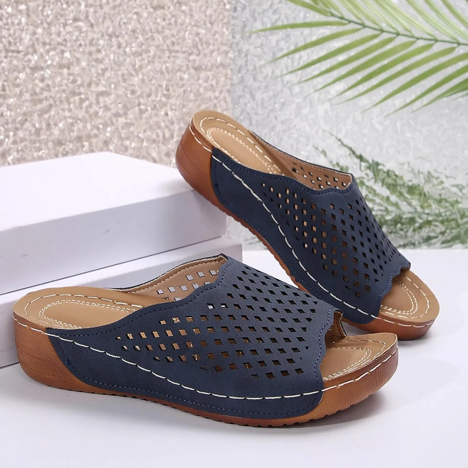 Platform Sandals Women Fashion Wedge Sandal Summer Dressy Open Toes Black Shoes with Arch Support Slip On Walking Shoe