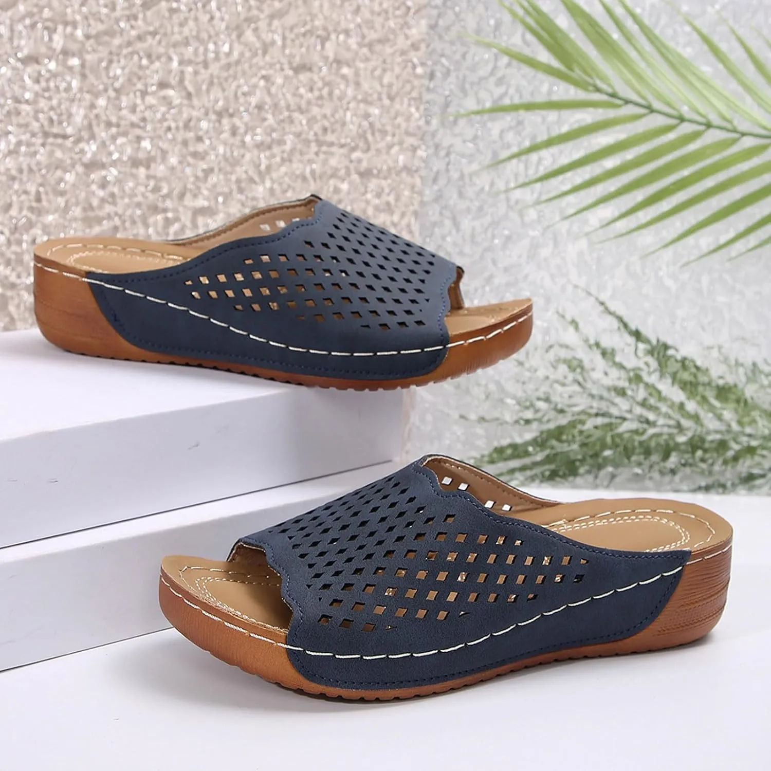 Platform Sandals Women Fashion Wedge Sandal Summer Dressy Open Toes Black Shoes with Arch Support Slip On Walking Shoe