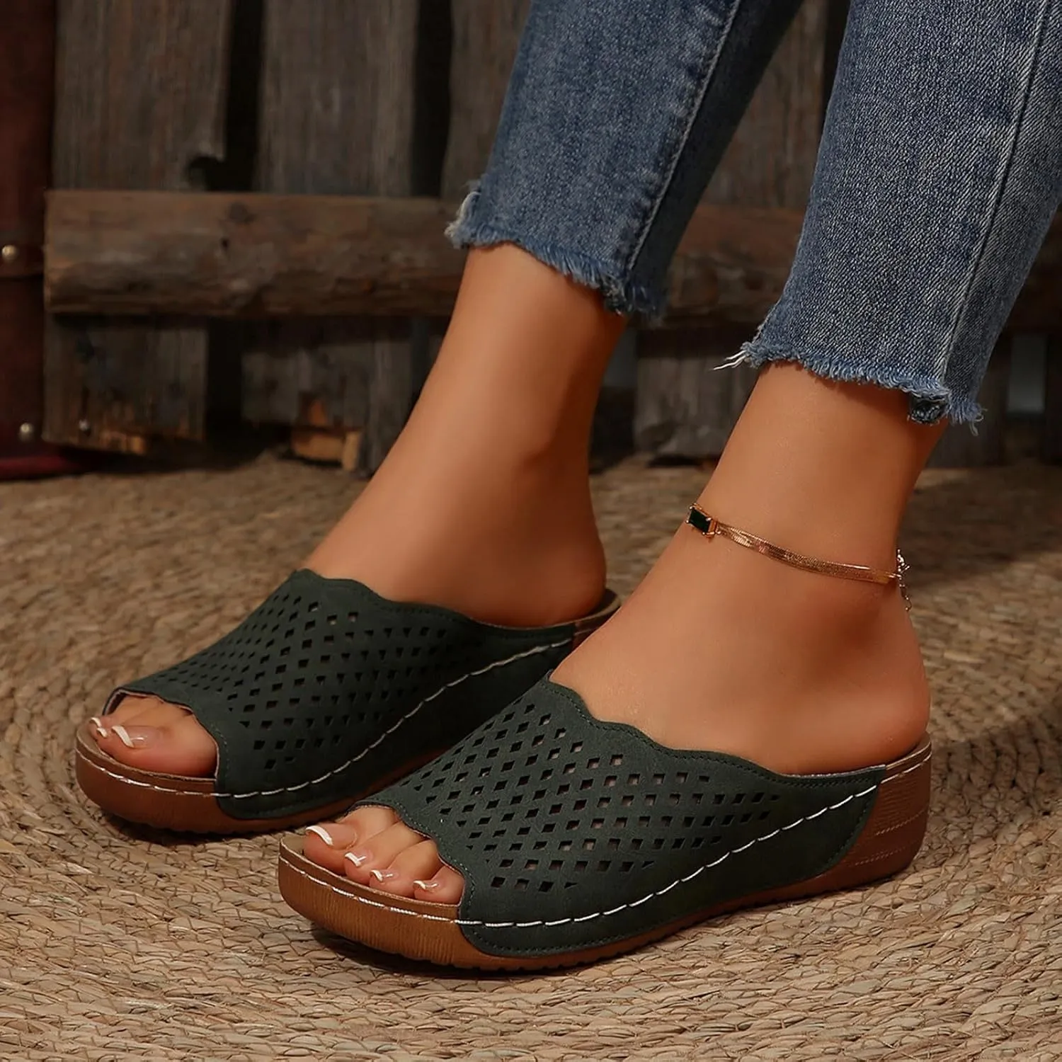 Platform Sandals Women Fashion Wedge Sandal Summer Dressy Open Toes Black Shoes with Arch Support Slip On Walking Shoe