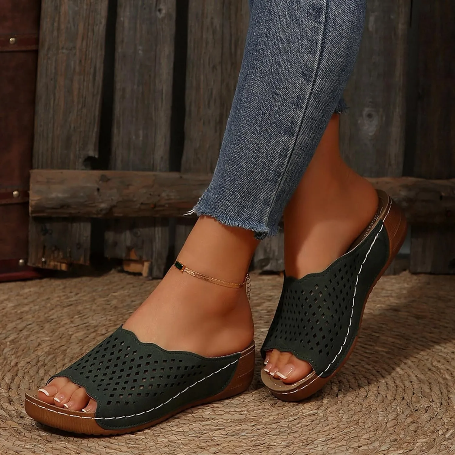 Platform Sandals Women Fashion Wedge Sandal Summer Dressy Open Toes Black Shoes with Arch Support Slip On Walking Shoe