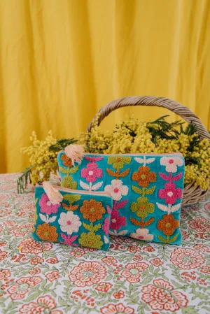 Rambling Flower Pouch -Aqua