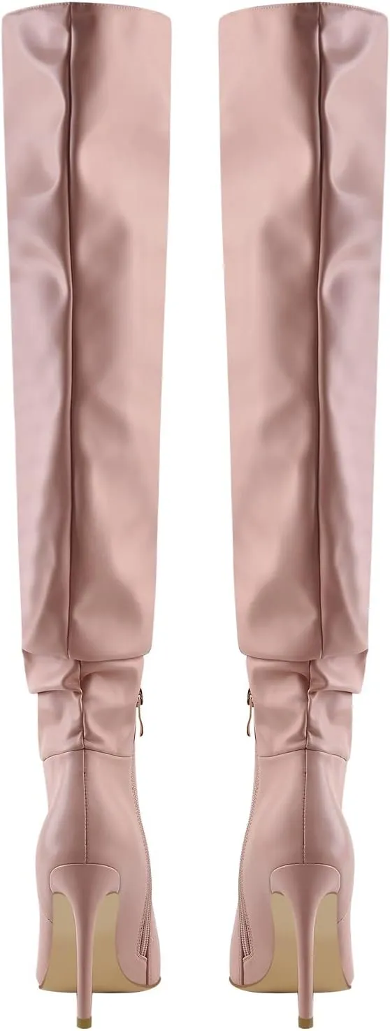 richealnini Women's Metallic Sexy Pointed Toe Knee High Boots with Zipper