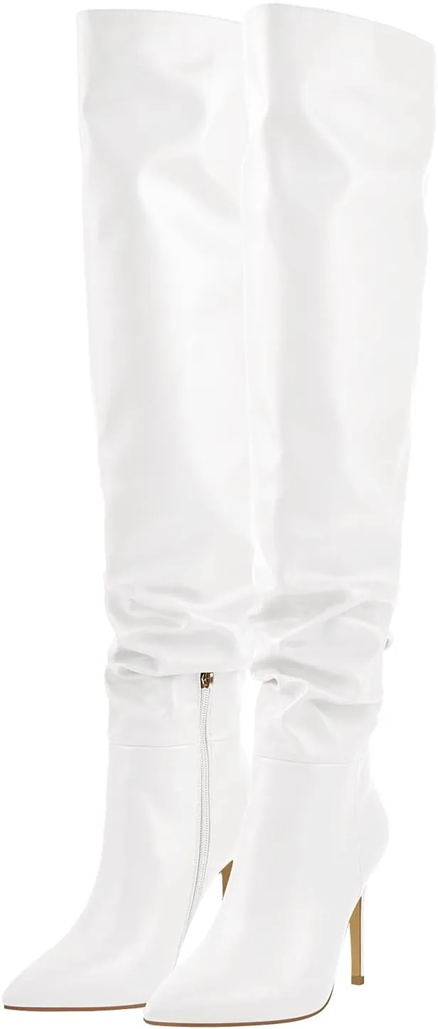 richealnini Women's Metallic Sexy Pointed Toe Knee High Boots with Zipper