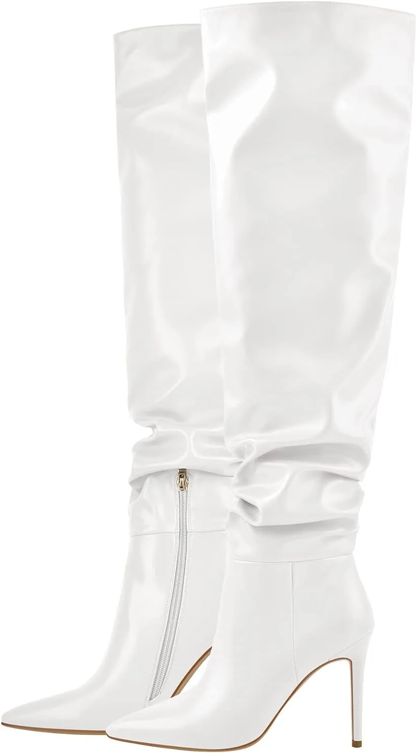 richealnini Women's Metallic Sexy Pointed Toe Knee High Boots with Zipper