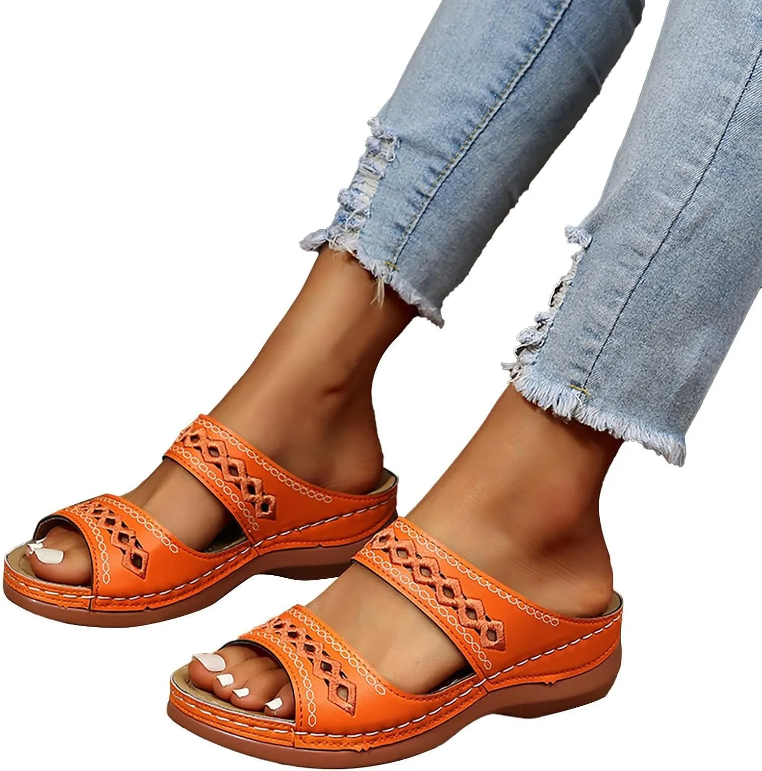 Sandals for Women 2025 Dressy Wedge Orthopedic Arch Support Hollow Out Low Wedge Slip on Close Toe Comfortable Beach Walking Breathable Casual Sandals