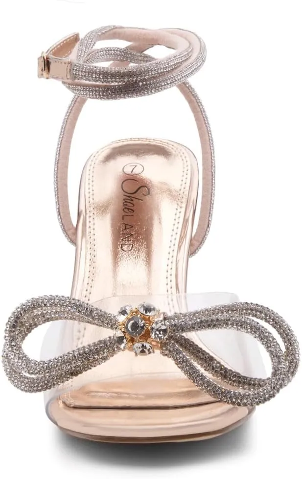 Shoe Land Womens Clear Rhinestone Bow Heels  Double Bowknot & Adjustable Ankle Strap | Crystal Stiletto High Heels with Square Open Toe for Wedding & Party