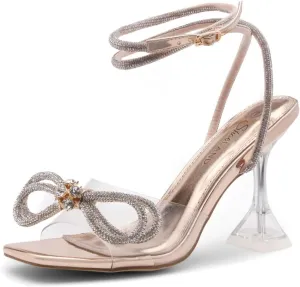 Shoe Land Womens Clear Rhinestone Bow Heels  Double Bowknot & Adjustable Ankle Strap | Crystal Stiletto High Heels with Square Open Toe for Wedding & Party
