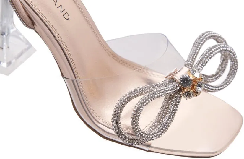 Shoe Land Womens Clear Rhinestone Bow Heels  Double Bowknot & Adjustable Ankle Strap | Crystal Stiletto High Heels with Square Open Toe for Wedding & Party