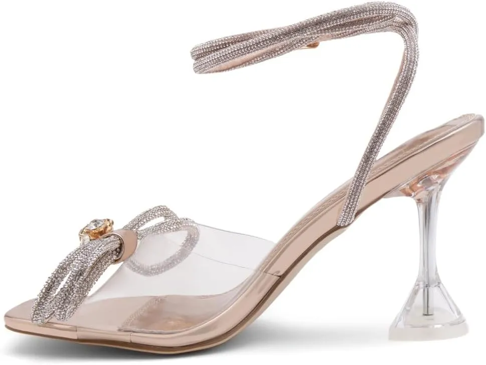 Shoe Land Womens Clear Rhinestone Bow Heels  Double Bowknot & Adjustable Ankle Strap | Crystal Stiletto High Heels with Square Open Toe for Wedding & Party