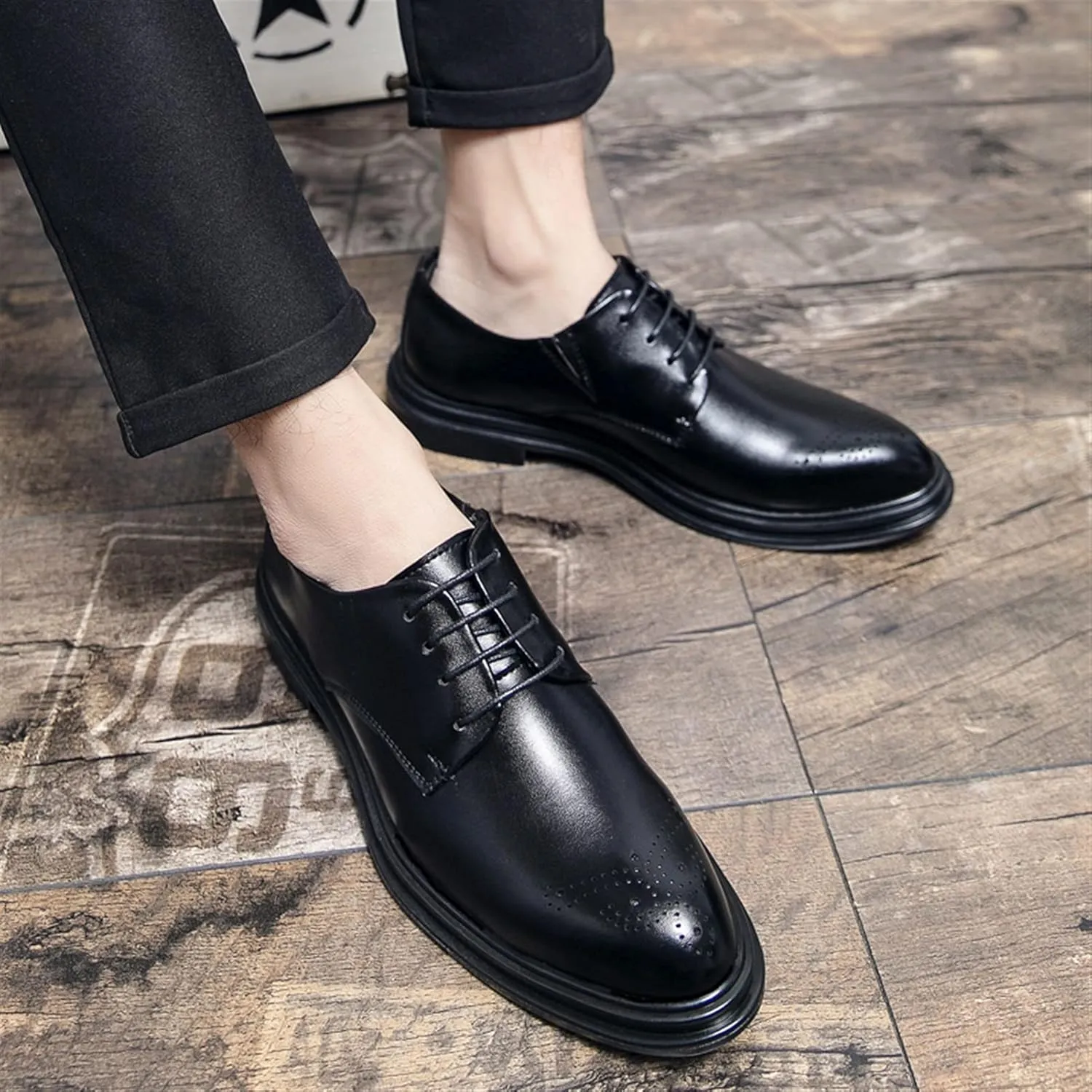 Shoes Dress Oxford for Men Lace Up Burnished Round Toe Brogue Embossed Vegan Leather Low Top Non Slip Resistant Anti-Slip Wedding