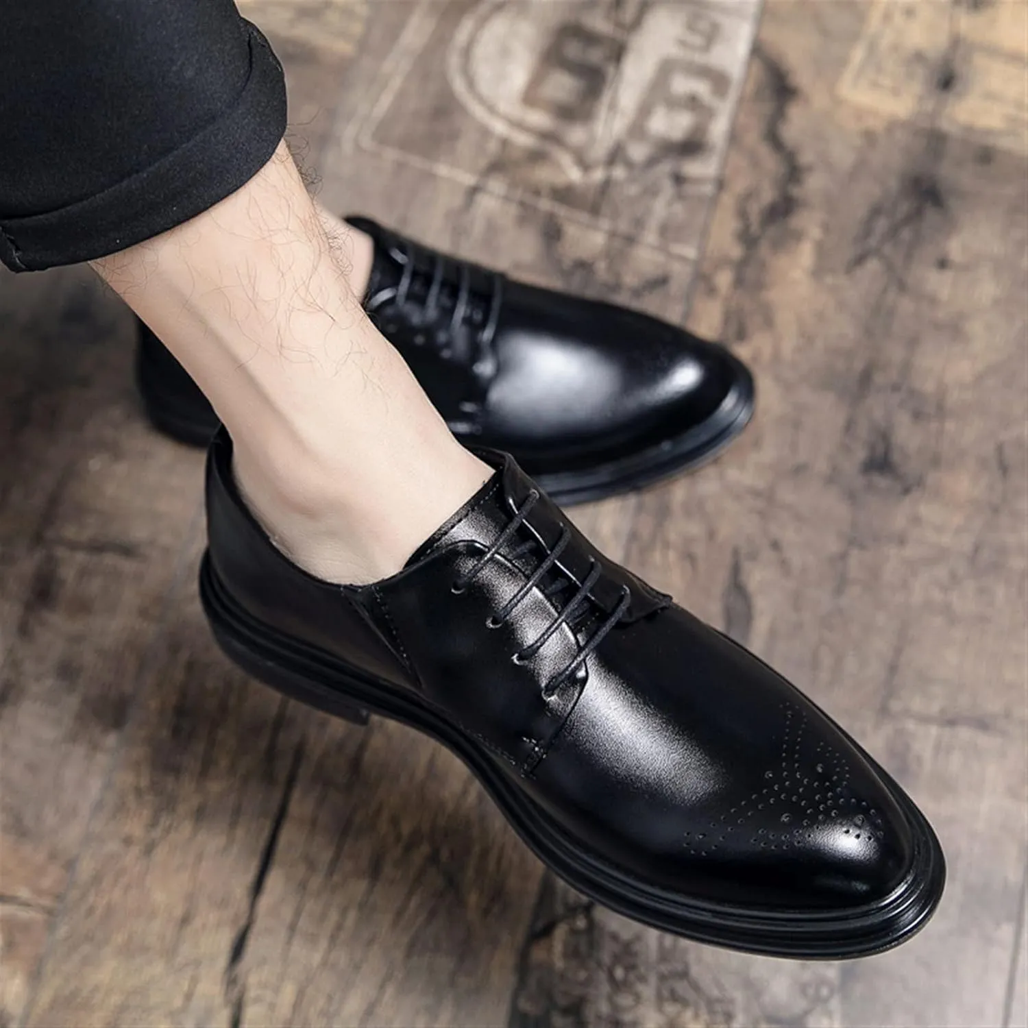 Shoes Dress Oxford for Men Lace Up Burnished Round Toe Brogue Embossed Vegan Leather Low Top Non Slip Resistant Anti-Slip Wedding