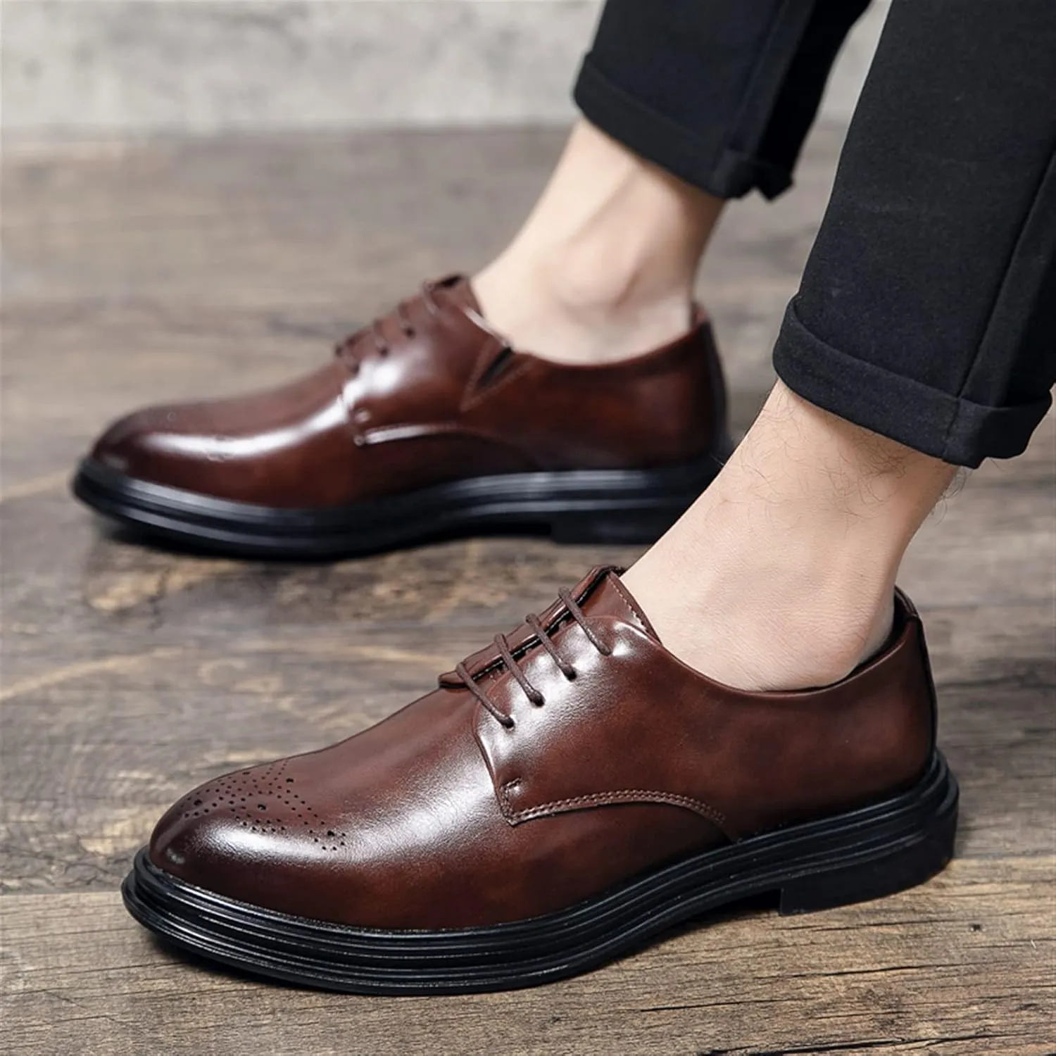 Shoes Dress Oxford for Men Lace Up Burnished Round Toe Brogue Embossed Vegan Leather Low Top Non Slip Resistant Anti-Slip Wedding