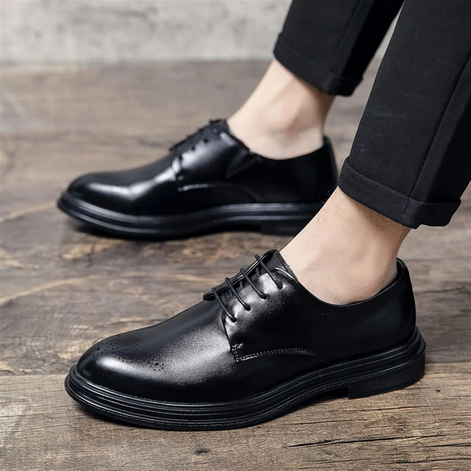 Shoes Dress Oxford for Men Lace Up Burnished Round Toe Brogue Embossed Vegan Leather Low Top Non Slip Resistant Anti-Slip Wedding
