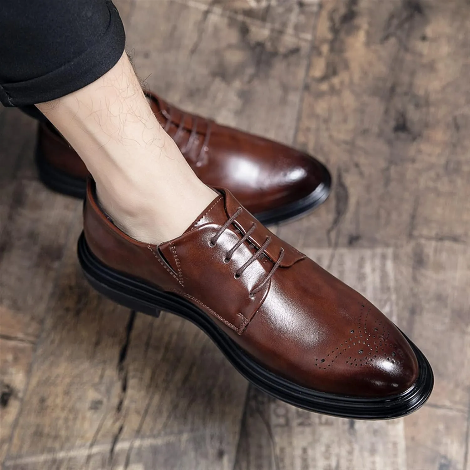 Shoes Dress Oxford for Men Lace Up Burnished Round Toe Brogue Embossed Vegan Leather Low Top Non Slip Resistant Anti-Slip Wedding