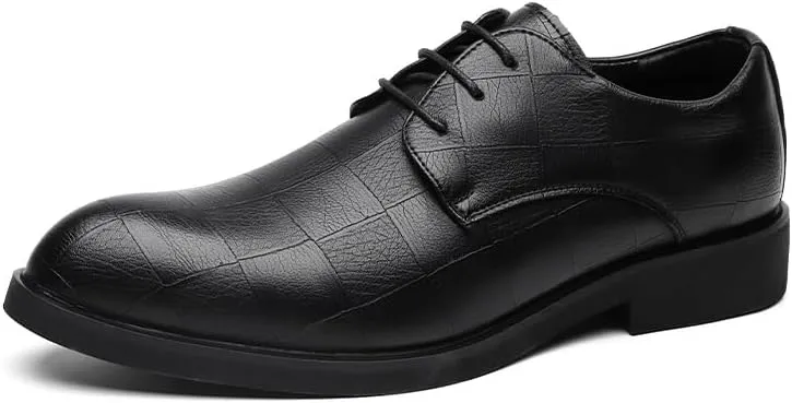 Shoes Dress Oxford for Men Lace Up Pointed Toe Plaid Vegan Leather Derby Shoes Rubber Sole Low Top Slip Resistant Block Heel Party(Black,7)