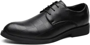 Shoes Dress Oxford for Men Lace Up Pointed Toe Plaid Vegan Leather Derby Shoes Rubber Sole Low Top Slip Resistant Block Heel Party(Black,7)