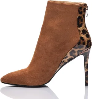  Size 15  Brown Stiletto Ankle Boots for Women  Leopard Accent, Pointed Toe, 3-Inch Heel, All Season Fall Winter Booties, Extended Sizes 10-15, Concert & Dress Wear