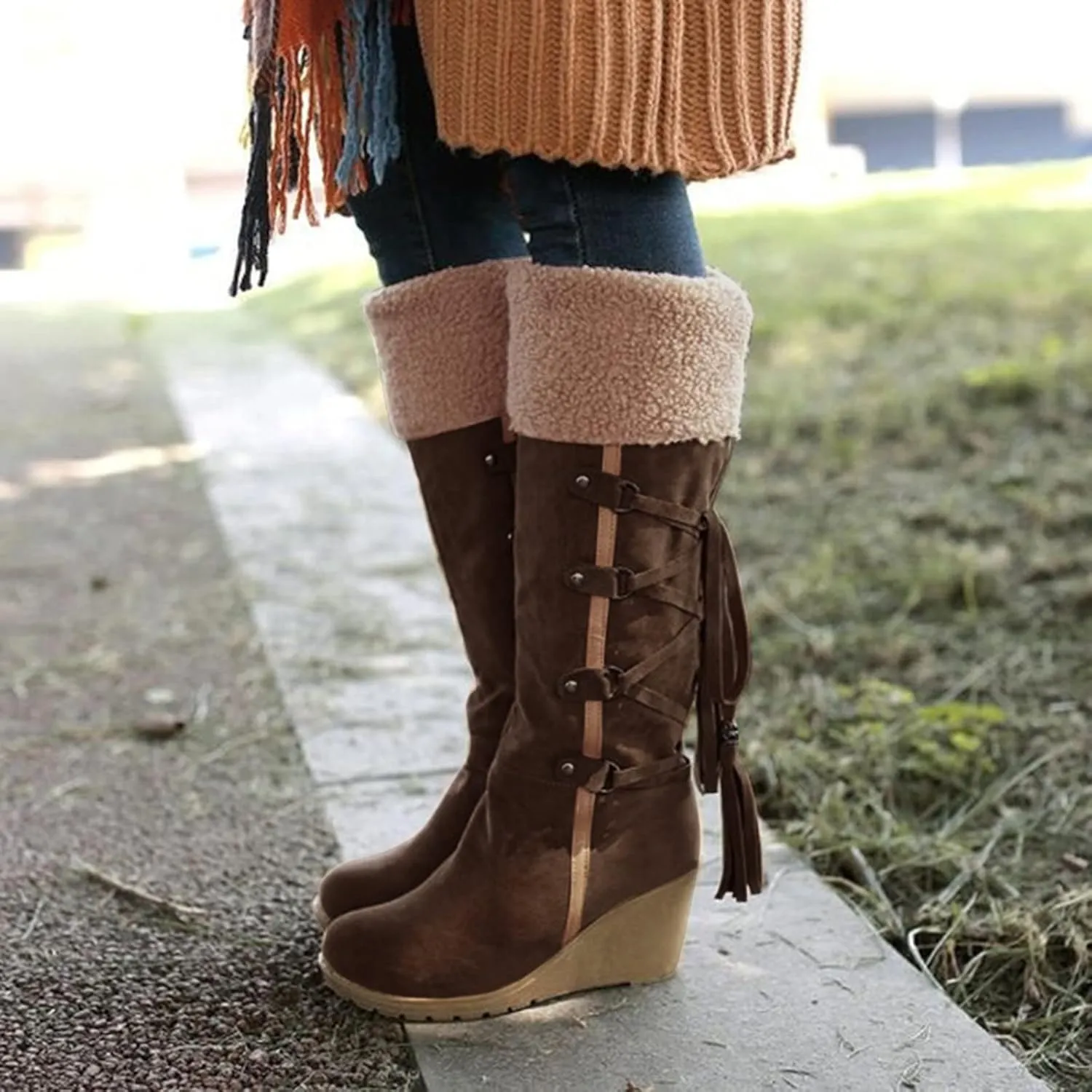 Snow Boots for Women Platform Boots For Women Knee High Fashion Retro Lace Up Long Fuzzy Snow Boots Warm Shoes