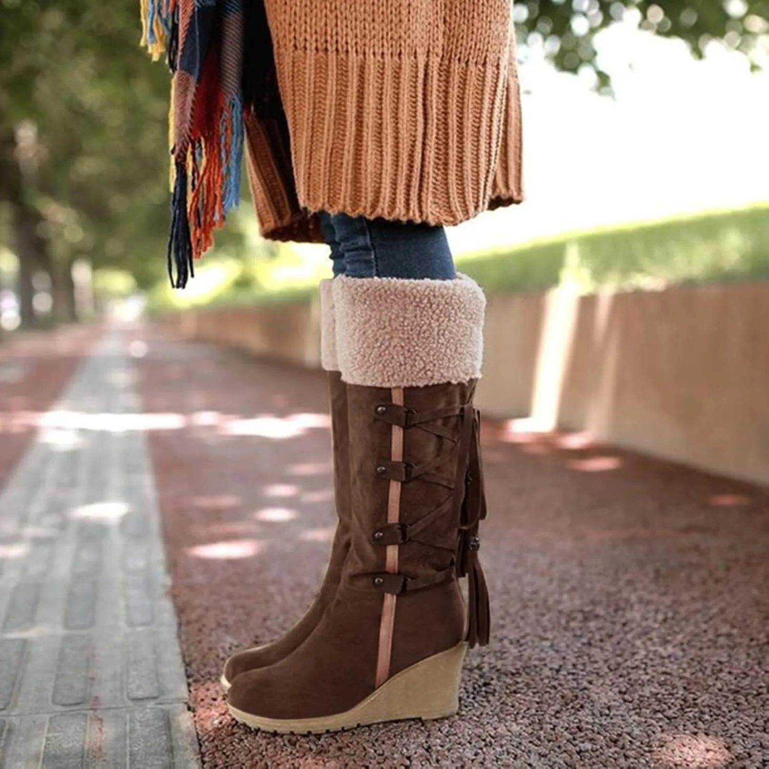Snow Boots for Women Platform Boots For Women Knee High Fashion Retro Lace Up Long Fuzzy Snow Boots Warm Shoes