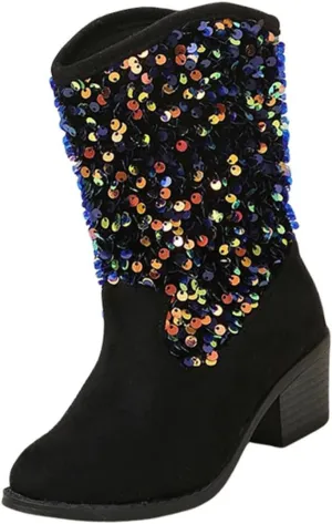 Sparkly Girls Cowboy Boots Dress Boot Pointed Toes Low Heel Mid Calf Zipper Boots Non Slip Ankle Boots