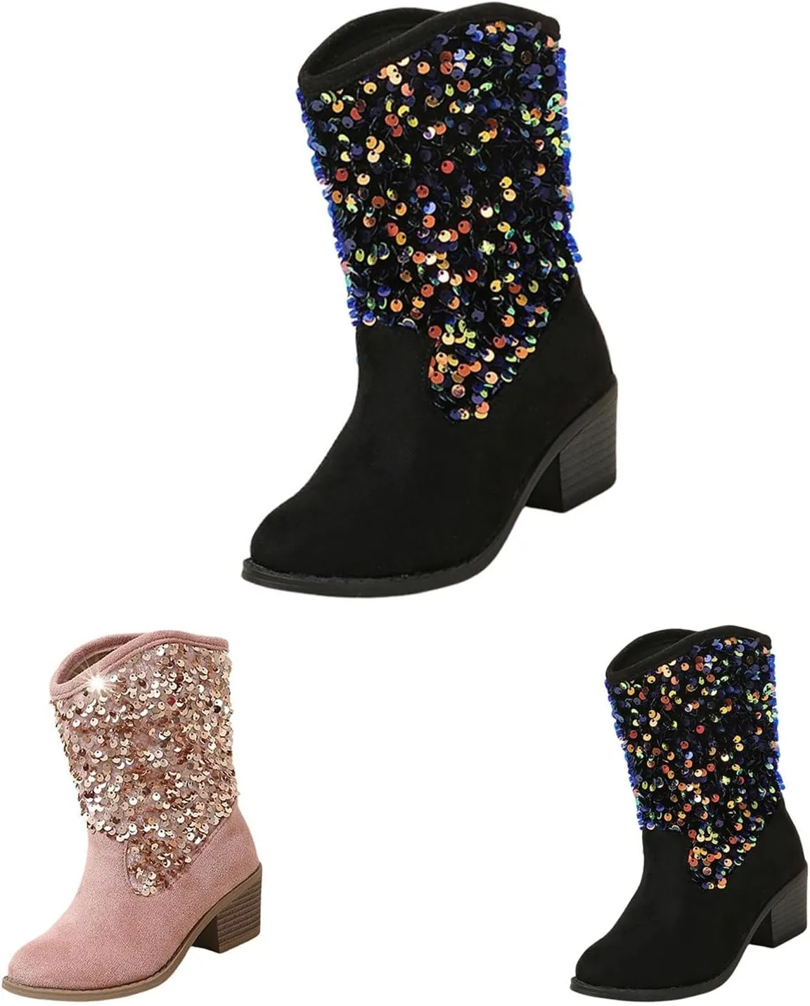 Sparkly Girls Cowboy Boots Dress Boot Pointed Toes Low Heel Mid Calf Zipper Boots Non Slip Ankle Boots