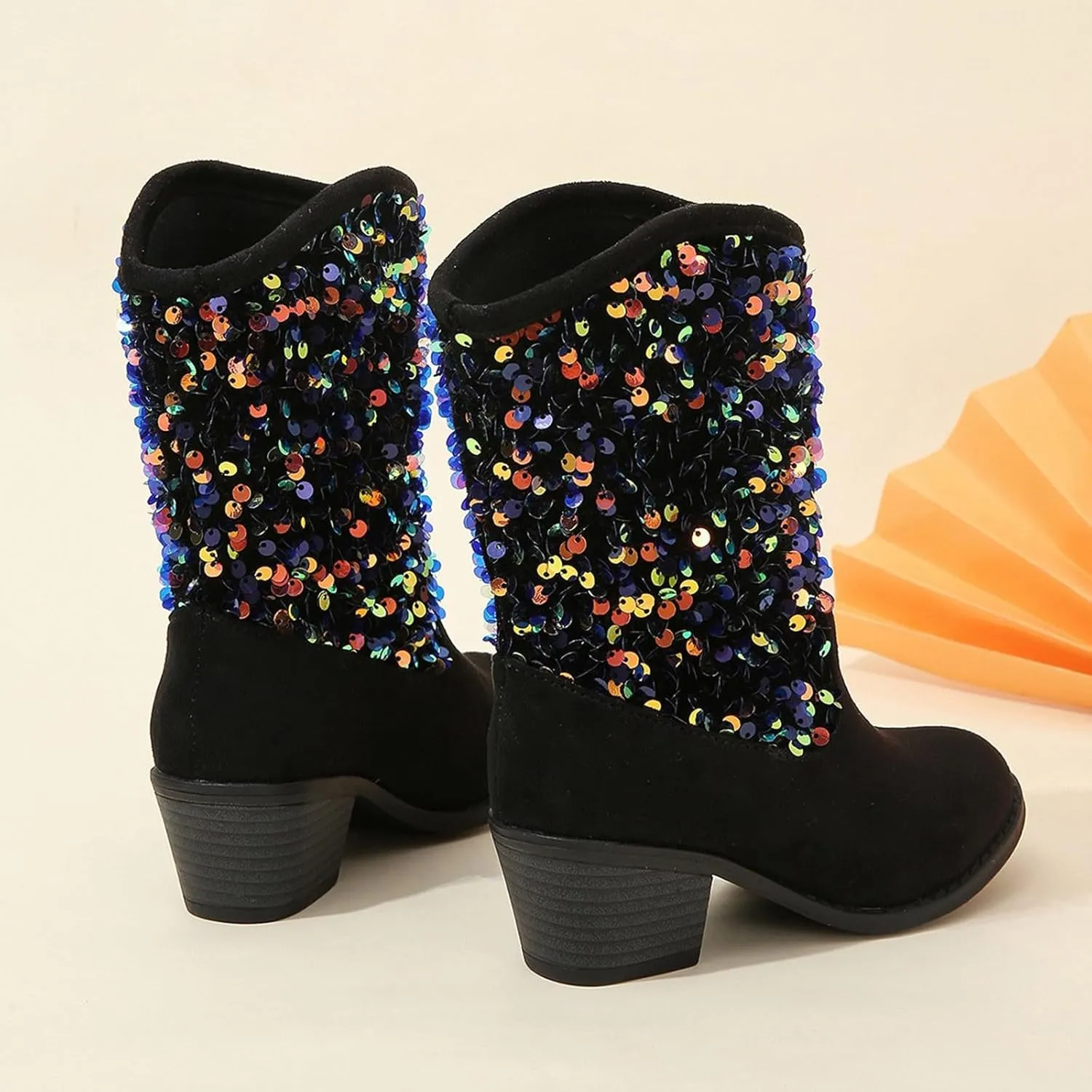 Sparkly Girls Cowboy Boots Dress Boot Pointed Toes Low Heel Mid Calf Zipper Boots Non Slip Ankle Boots