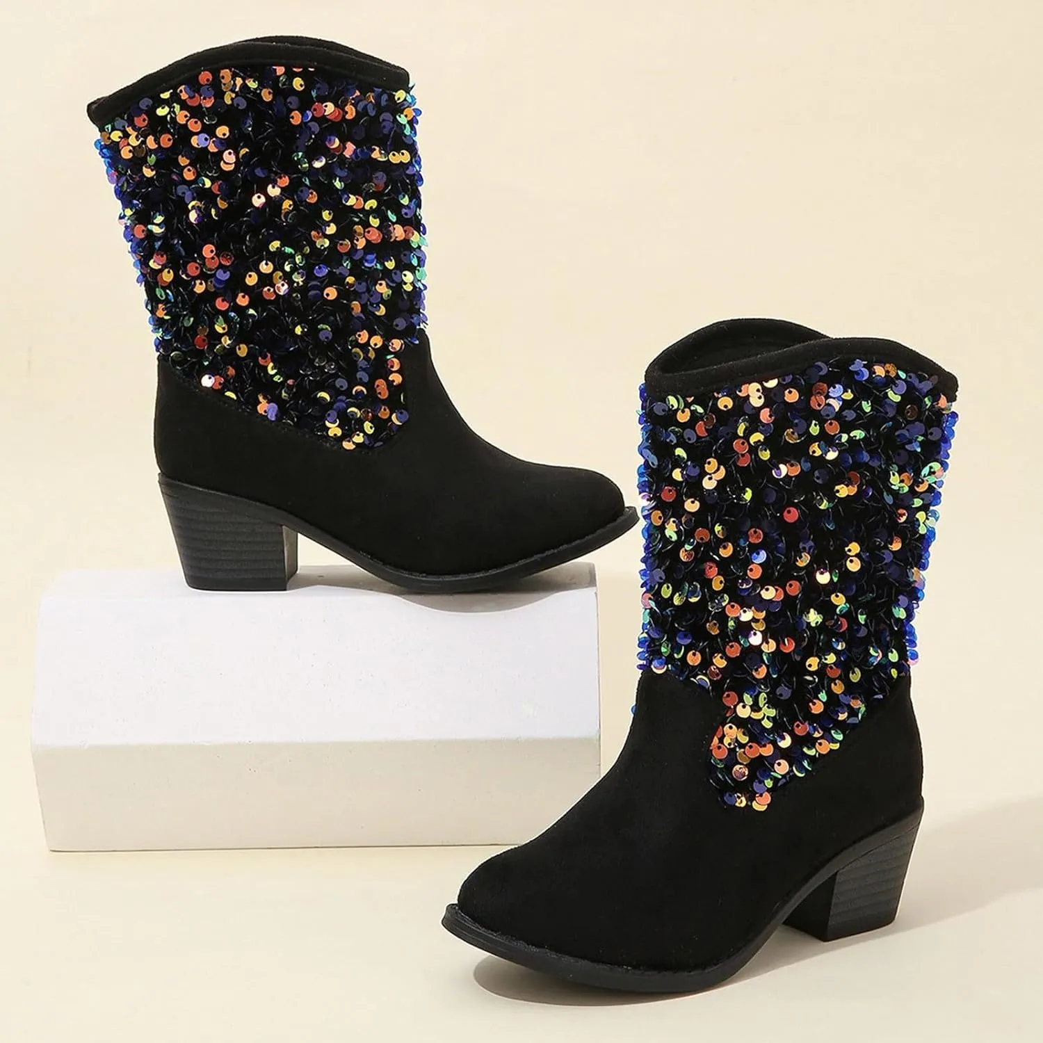 Sparkly Girls Cowboy Boots Dress Boot Pointed Toes Low Heel Mid Calf Zipper Boots Non Slip Ankle Boots