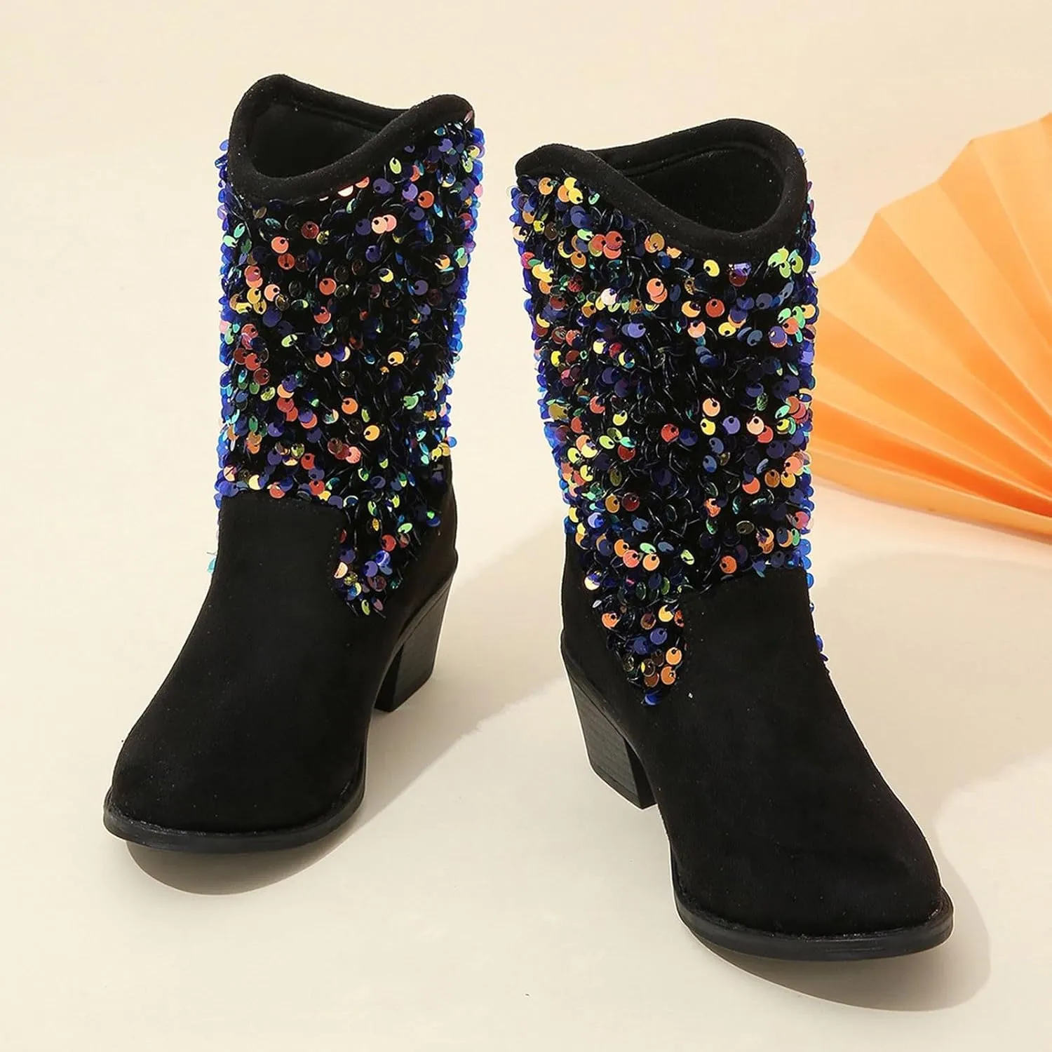 Sparkly Girls Cowboy Boots Dress Boot Pointed Toes Low Heel Mid Calf Zipper Boots Non Slip Ankle Boots
