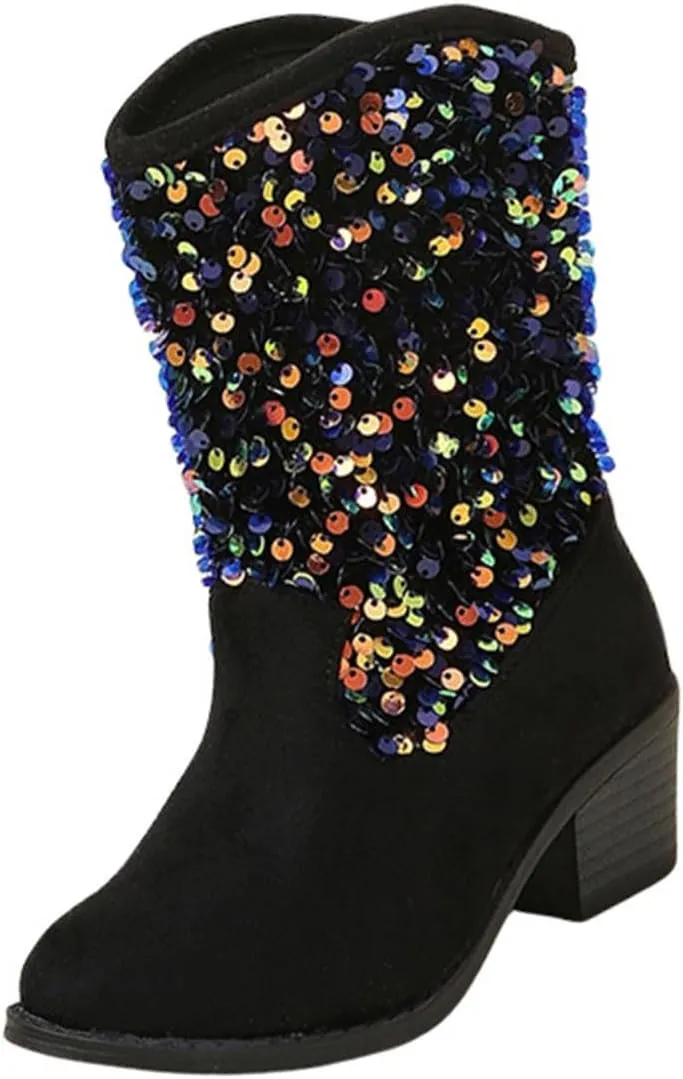 Sparkly Girls Cowboy Boots Dress Boot Pointed Toes Low Heel Mid Calf Zipper Boots Non Slip Ankle Boots