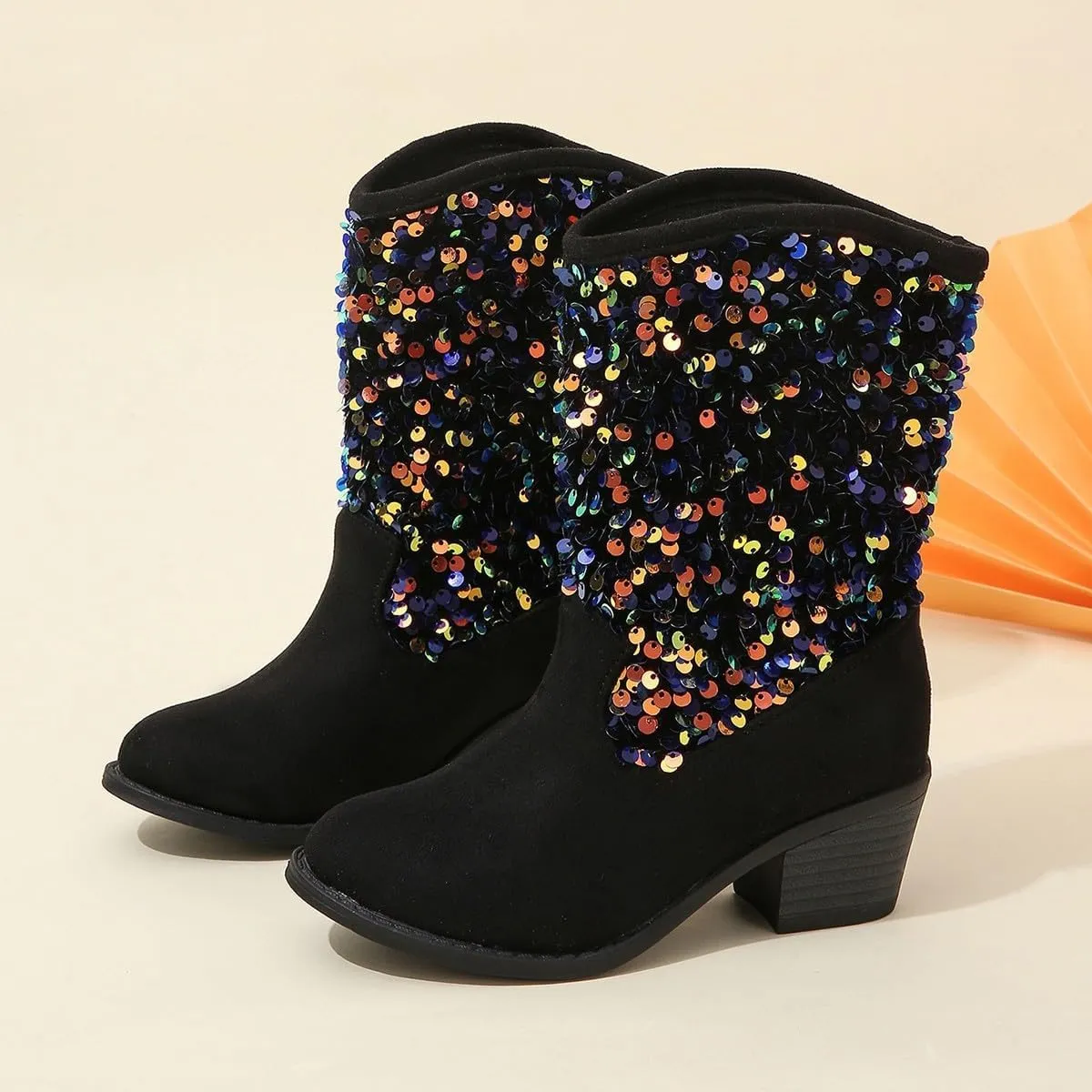 Sparkly Girls Cowboy Boots Dress Boot Pointed Toes Low Heel Mid Calf Zipper Boots Non Slip Ankle Boots