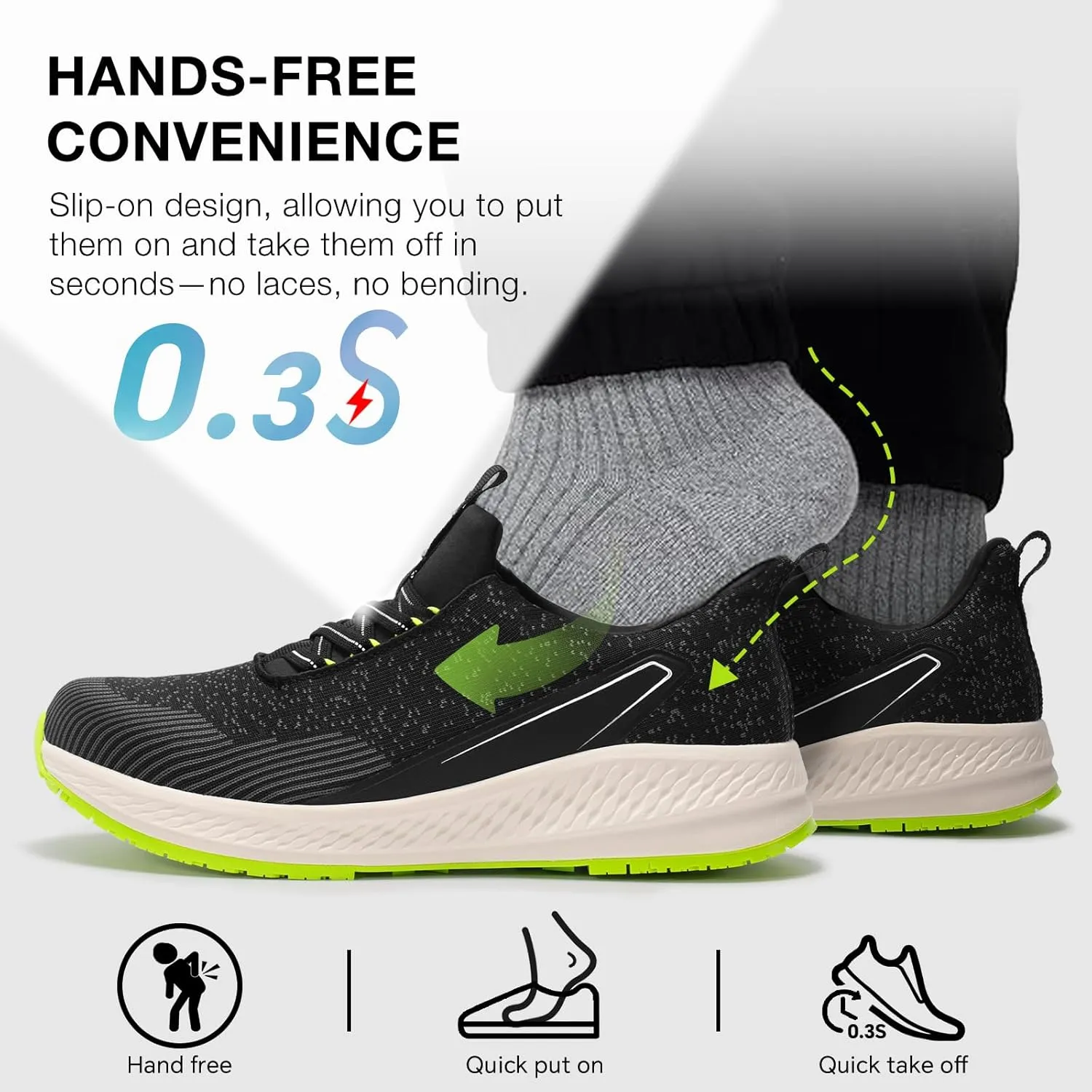 SPIEZ Slip-On Safety Shoes for Men & Women - Non-Steel Composite Toe, Fashion Sneaker Design, Hands-Free Convenience, All-Day Protection, Lemon Green US 5.5-13.5