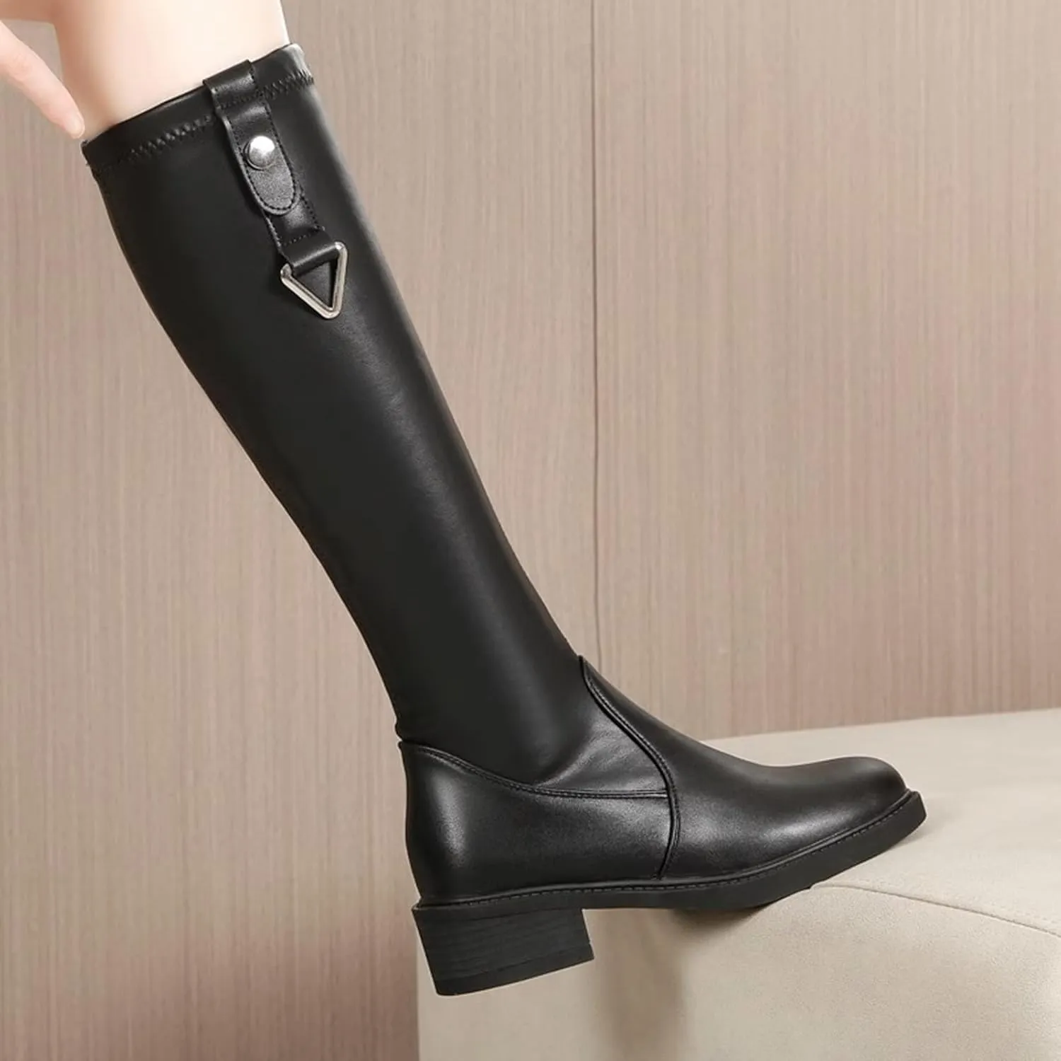 Thigh High Boots for Women Black Knee High Boots Women's Autumn Winter Round Toe Side Zipper Chunky Heel Fashion Boot
