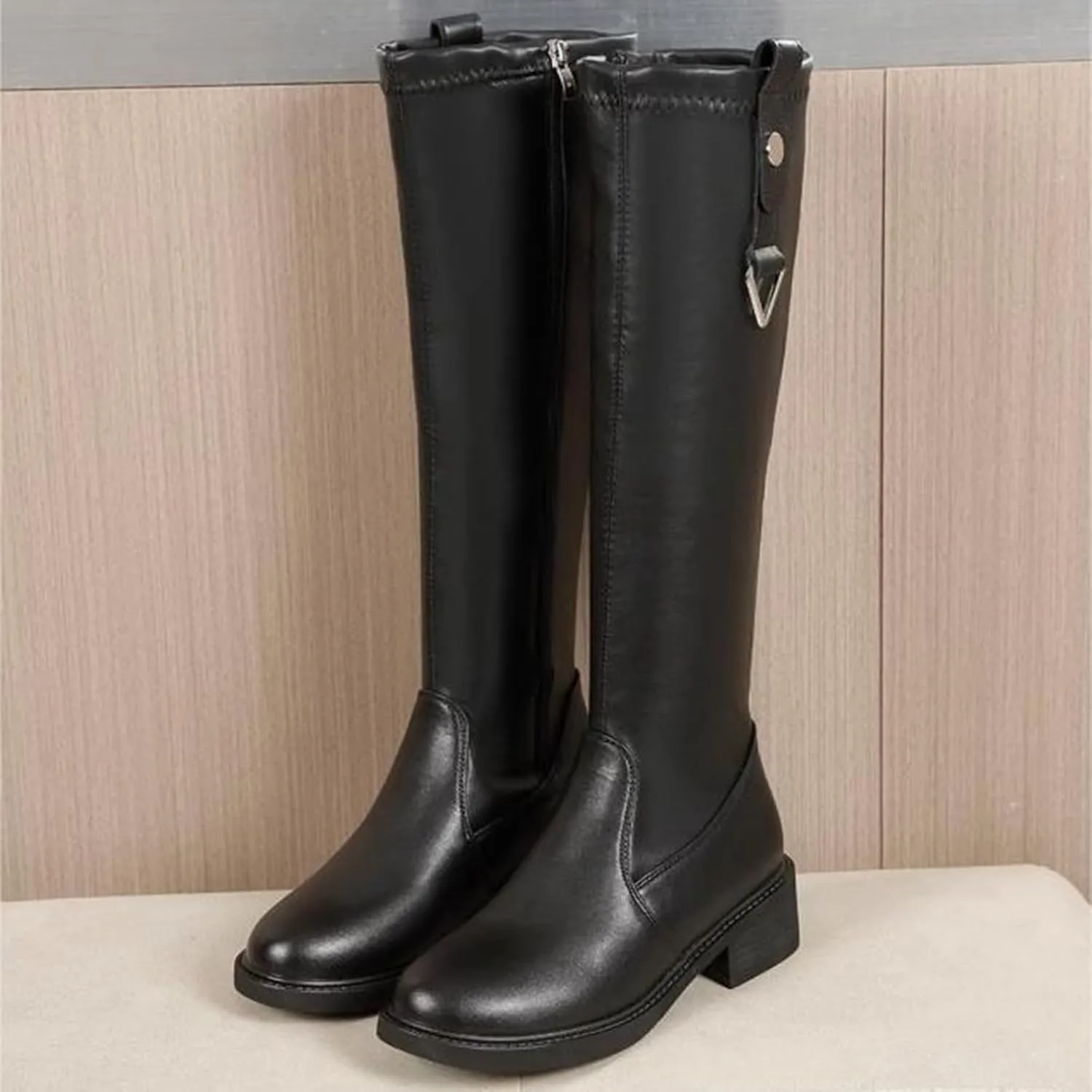 Thigh High Boots for Women Black Knee High Boots Women's Autumn Winter Round Toe Side Zipper Chunky Heel Fashion Boot