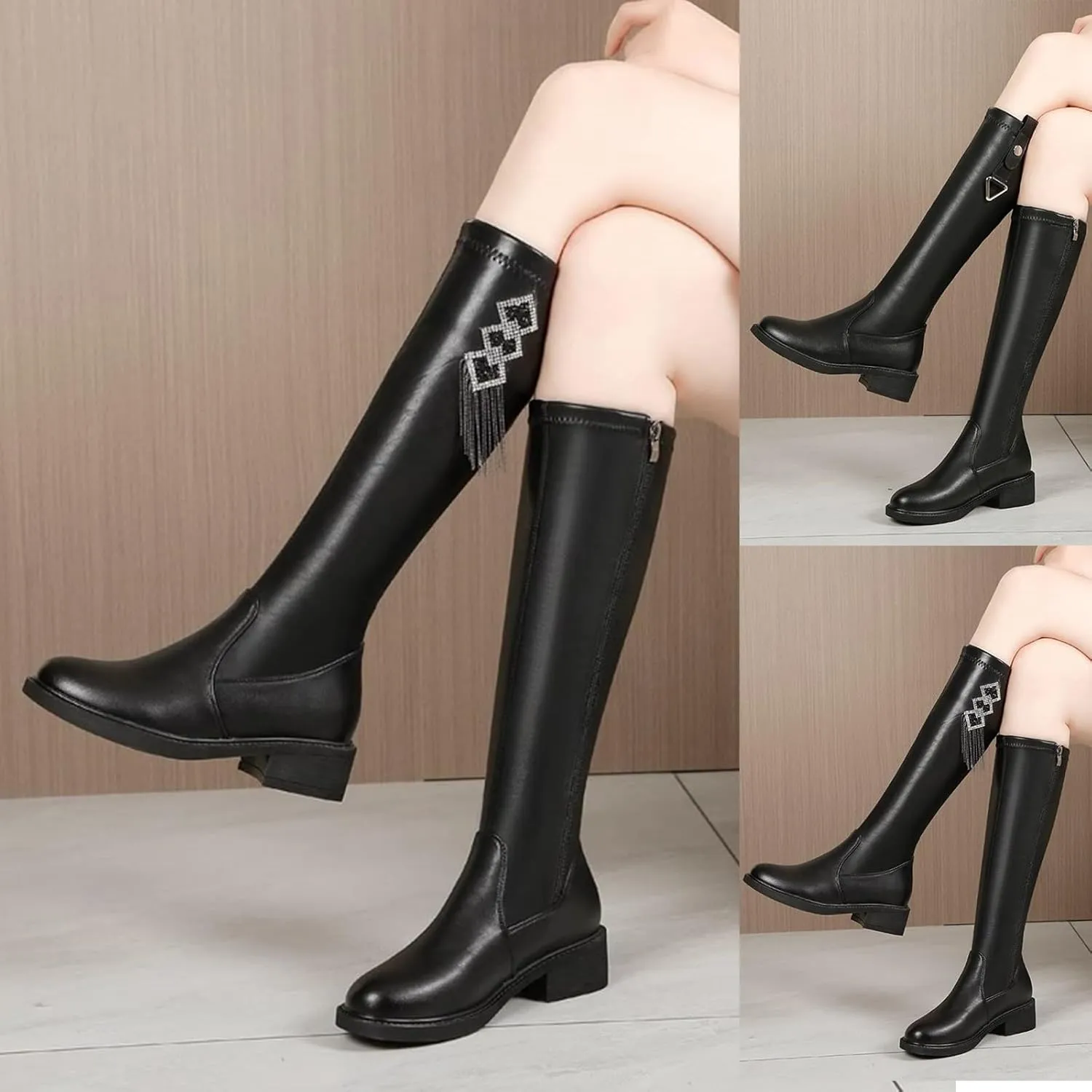 Thigh High Boots for Women Black Knee High Boots Women's Autumn Winter Round Toe Side Zipper Chunky Heel Fashion Boot