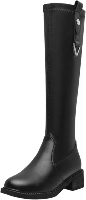 Thigh High Boots for Women Black Knee High Boots Women's Autumn Winter Round Toe Side Zipper Chunky Heel Fashion Boot