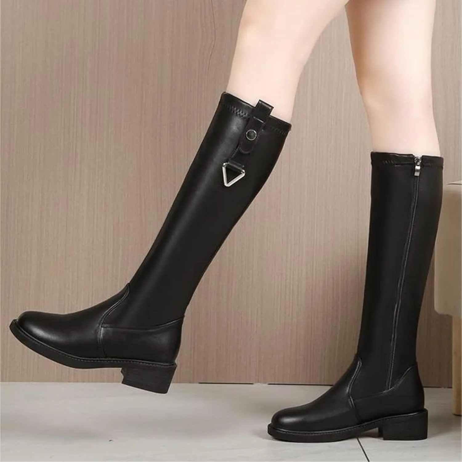 Thigh High Boots for Women Black Knee High Boots Women's Autumn Winter Round Toe Side Zipper Chunky Heel Fashion Boot