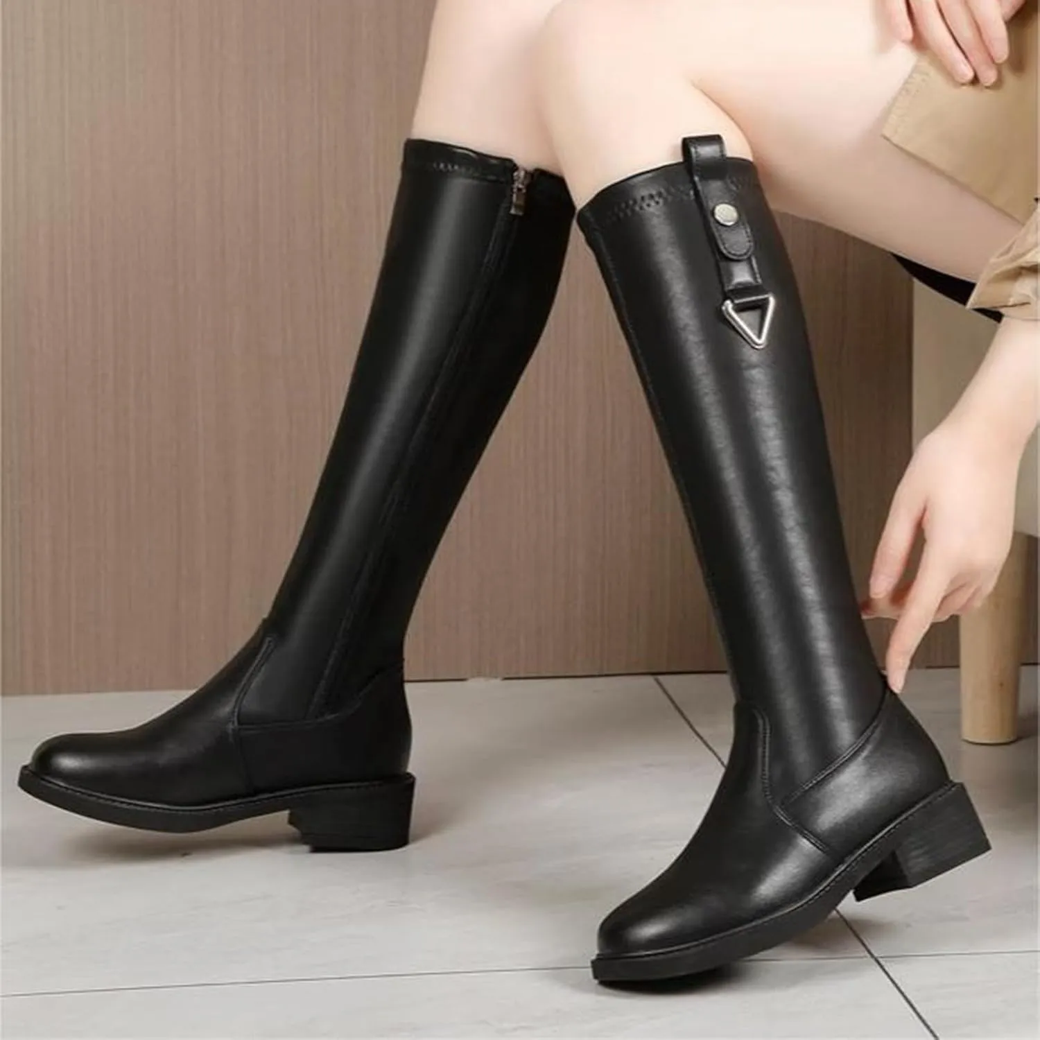 Thigh High Boots for Women Black Knee High Boots Women's Autumn Winter Round Toe Side Zipper Chunky Heel Fashion Boot