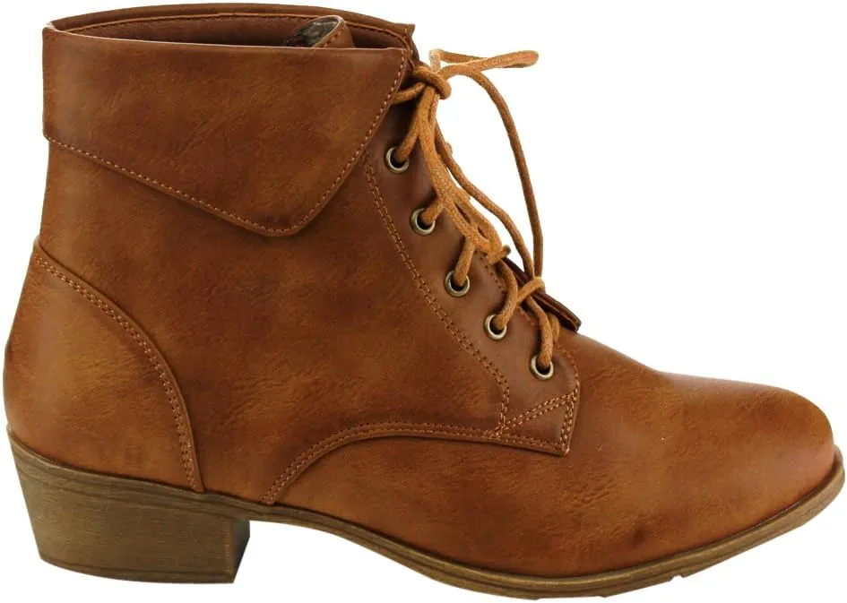 TOP Moda EC89 Women's Foldover Lace Up Low Chunky Heel Ankle Booties