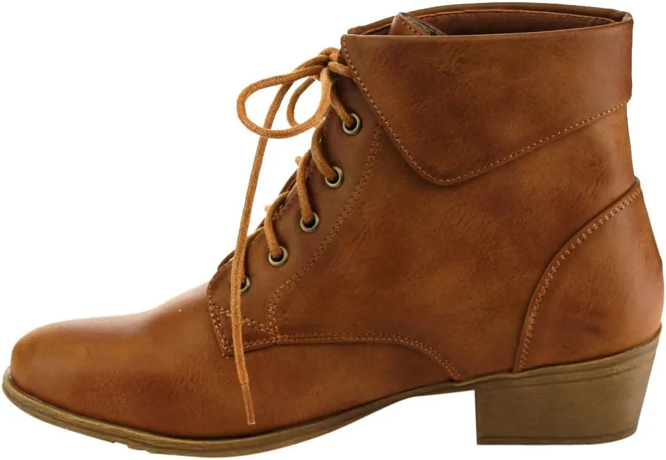 TOP Moda EC89 Women's Foldover Lace Up Low Chunky Heel Ankle Booties