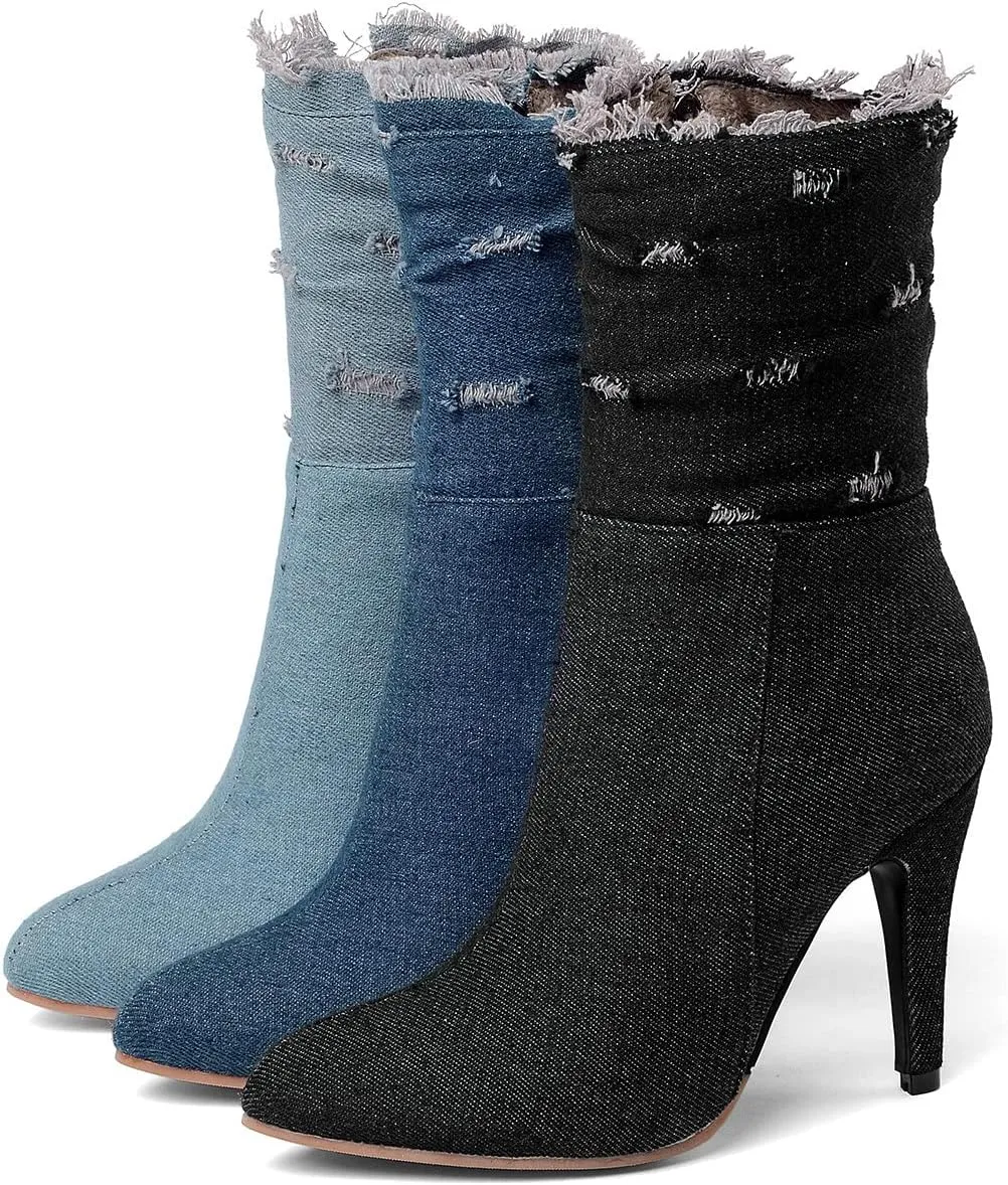 Uniquelly Womens Denim Stiletto Ankle Boots High Heel Booties Pointed Toe Side Zipper Dress Shoes