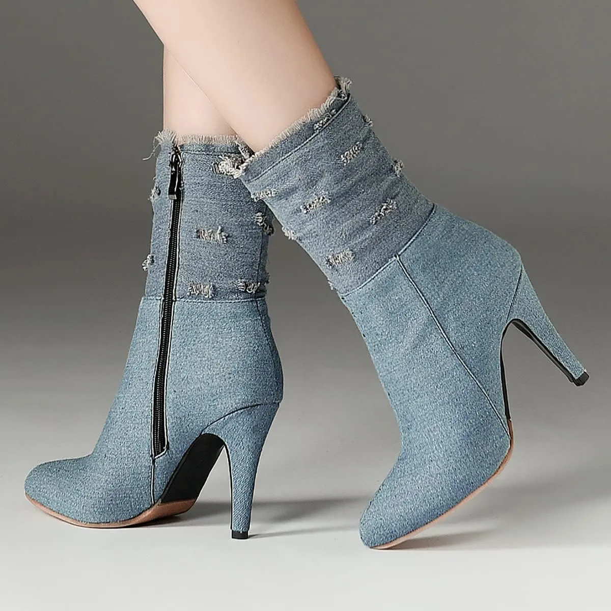 Uniquelly Womens Denim Stiletto Ankle Boots High Heel Booties Pointed Toe Side Zipper Dress Shoes
