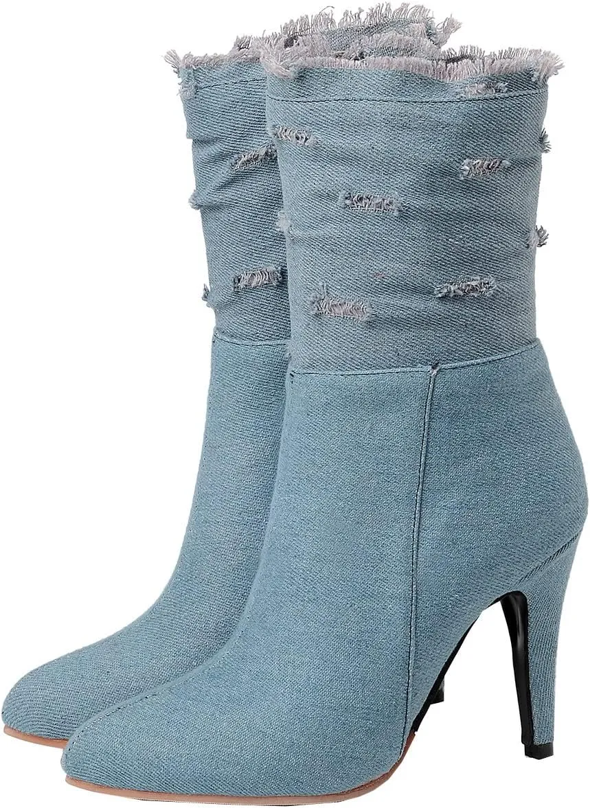 Uniquelly Womens Denim Stiletto Ankle Boots High Heel Booties Pointed Toe Side Zipper Dress Shoes