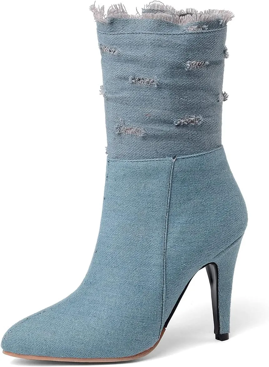 Uniquelly Womens Denim Stiletto Ankle Boots High Heel Booties Pointed Toe Side Zipper Dress Shoes