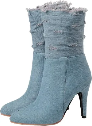 Uniquelly Womens Denim Stiletto Ankle Boots High Heel Booties Pointed Toe Side Zipper Dress Shoes