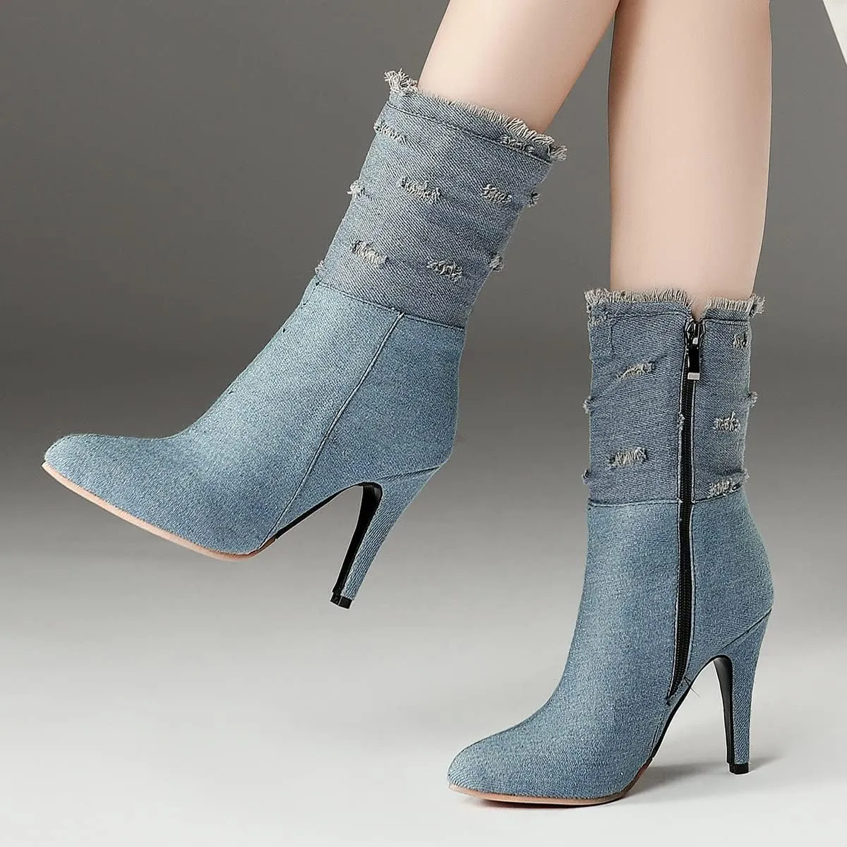 Uniquelly Womens Denim Stiletto Ankle Boots High Heel Booties Pointed Toe Side Zipper Dress Shoes