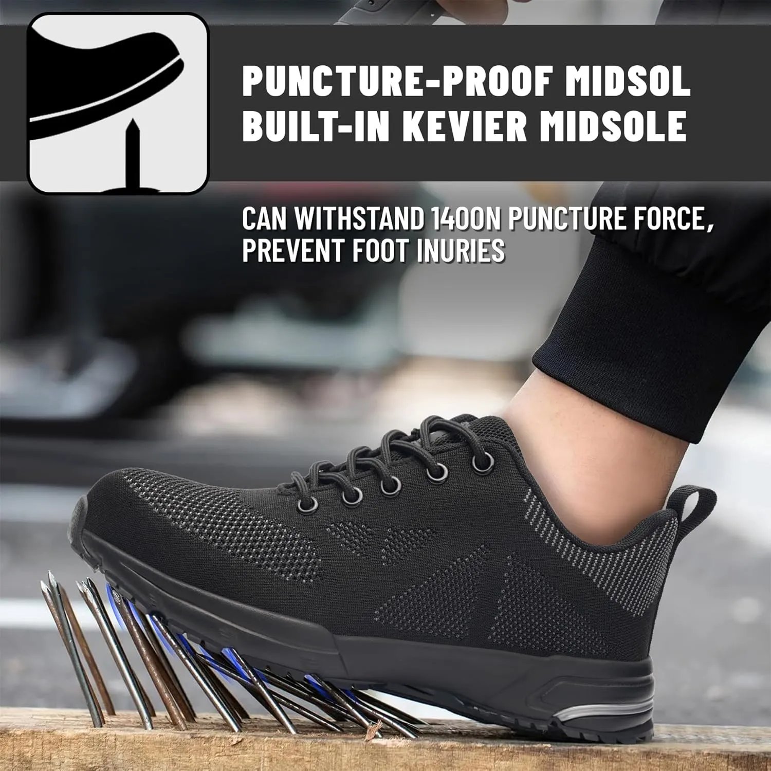 Unisex Adults Work Shoes - Black - All Seasons - Industrial & Construction - Lace-Up - Mesh - Moderate Cushioning - Hiking - Adults (Men & Women) Outdoor Enthusiasts & Athletes