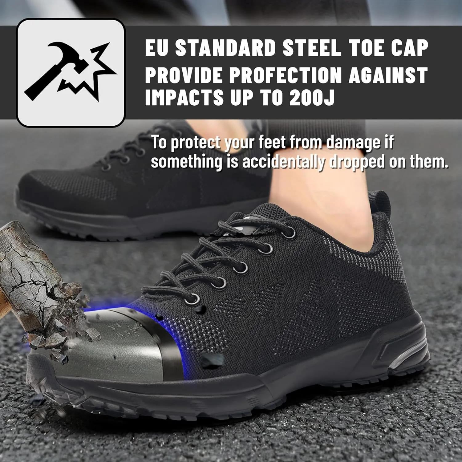 Unisex Adults Work Shoes - Black - All Seasons - Industrial & Construction - Lace-Up - Mesh - Moderate Cushioning - Hiking - Adults (Men & Women) Outdoor Enthusiasts & Athletes