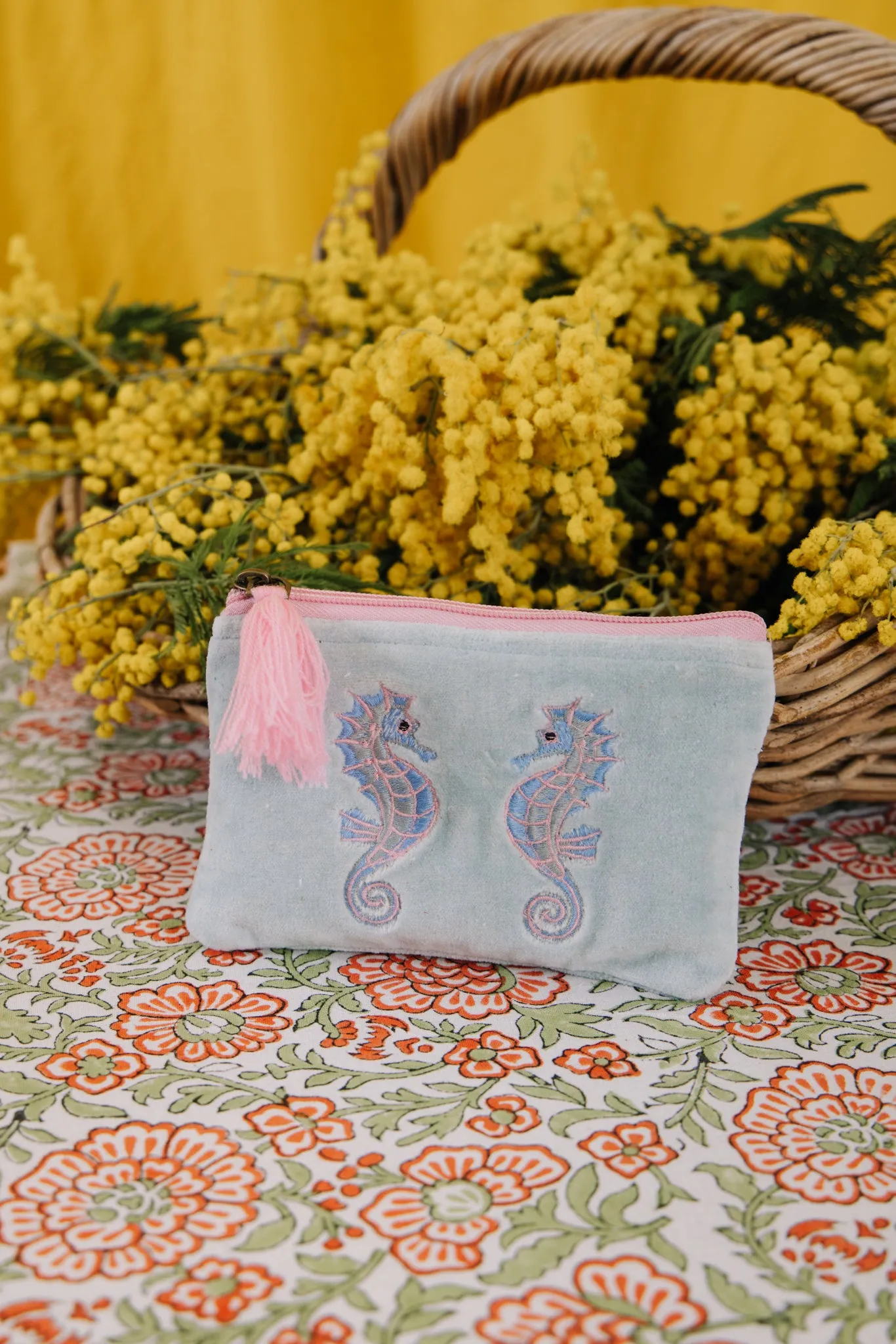 Velvet Seahorse Pouch in  Aqua & Pink