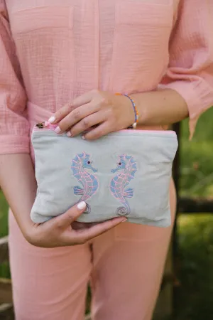 Velvet Seahorse Pouch in  Aqua & Pink