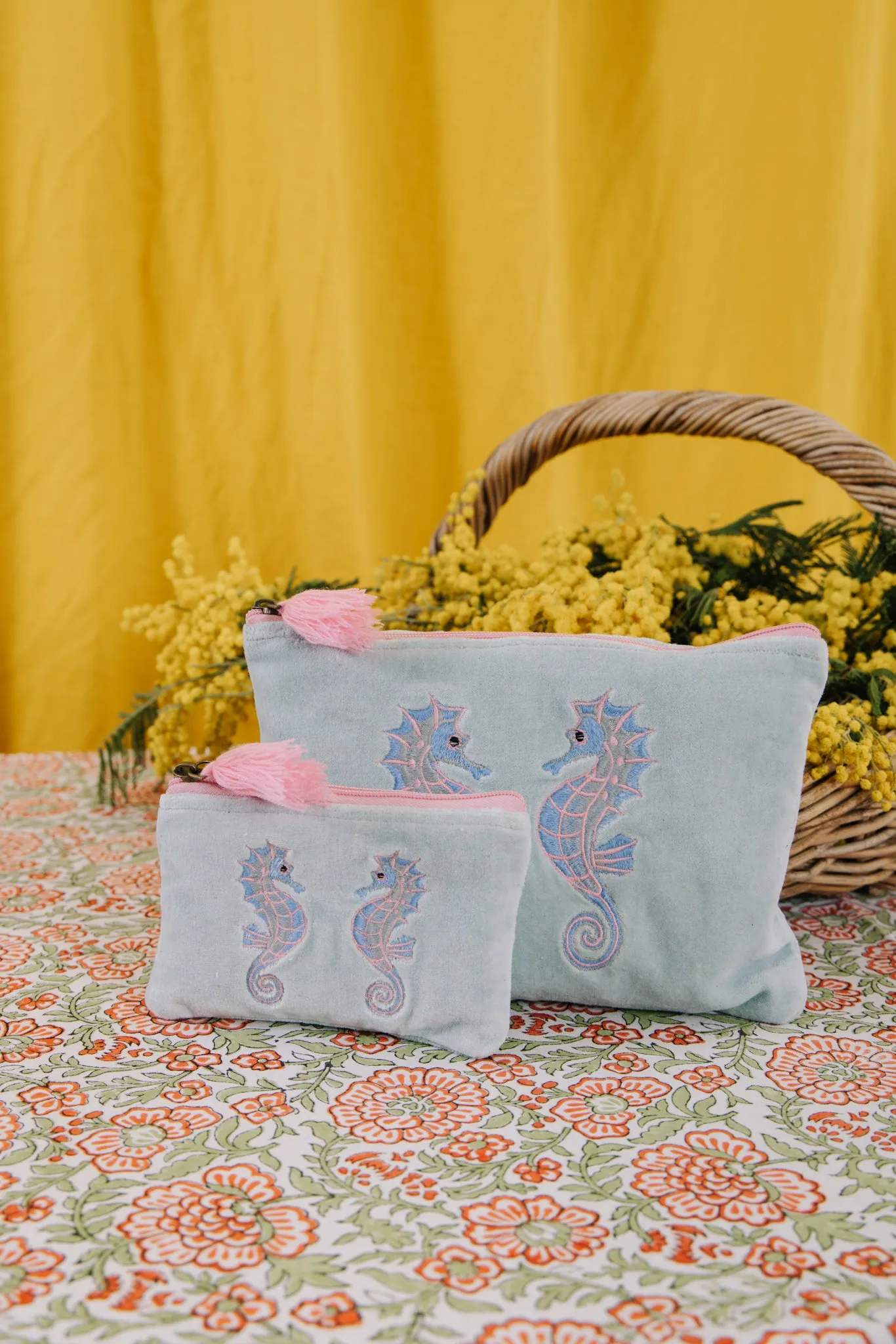 Velvet Seahorse Pouch in  Aqua & Pink